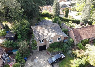 Drone roofing survey image of replacement by Moran Roofing, Farnham