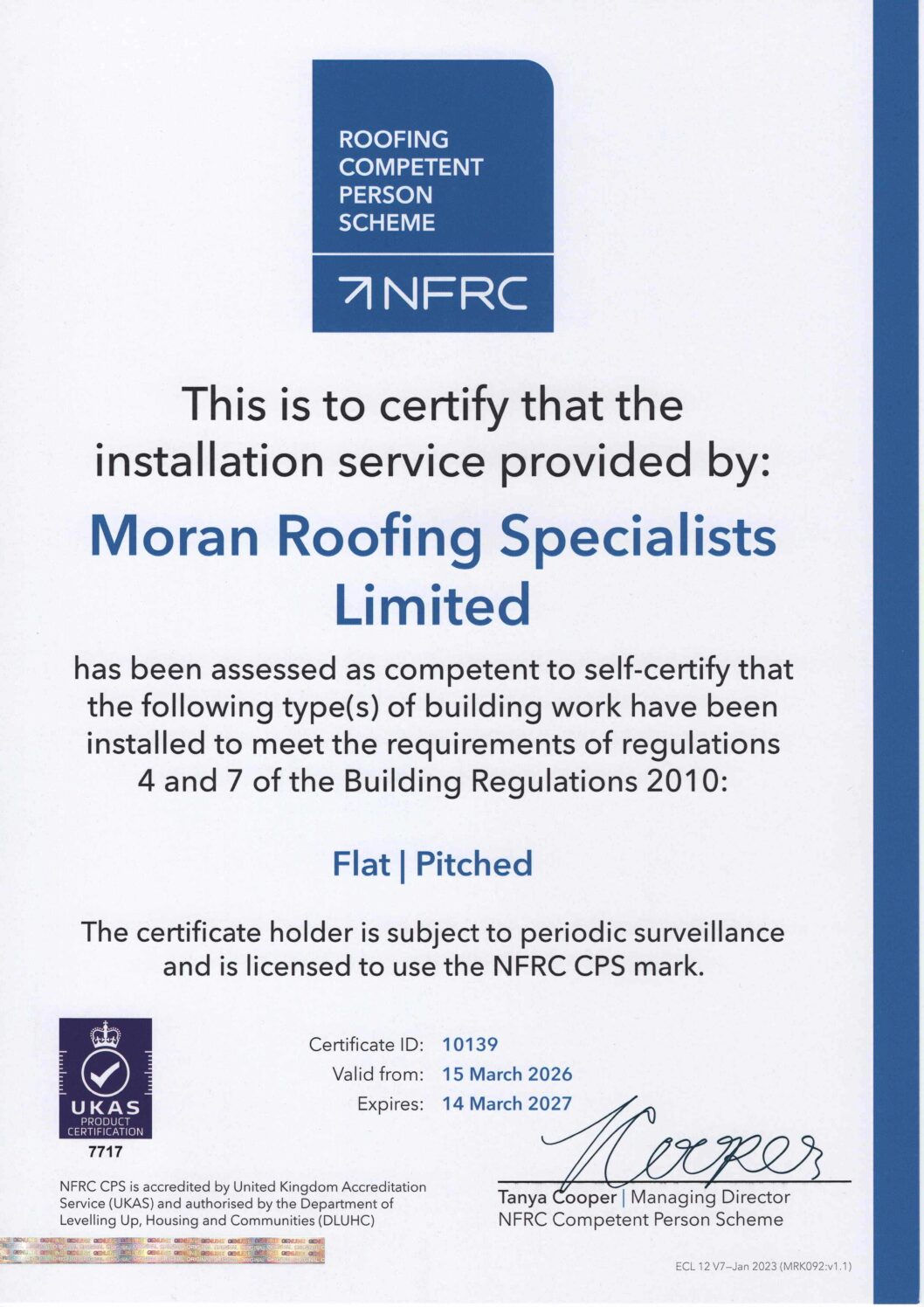 Moran Roofing NFRC CPS Certificate 2025